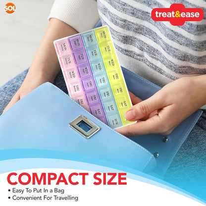 SOL 4pk Weekly Pill Box Organiser - 7 Day 4 Times a Day - Colourful Compartments, Large Storage for Medication, Easy-to-Lift Lids, Travel-Friendly, Ideal for Supplements and Daily Tablet Management