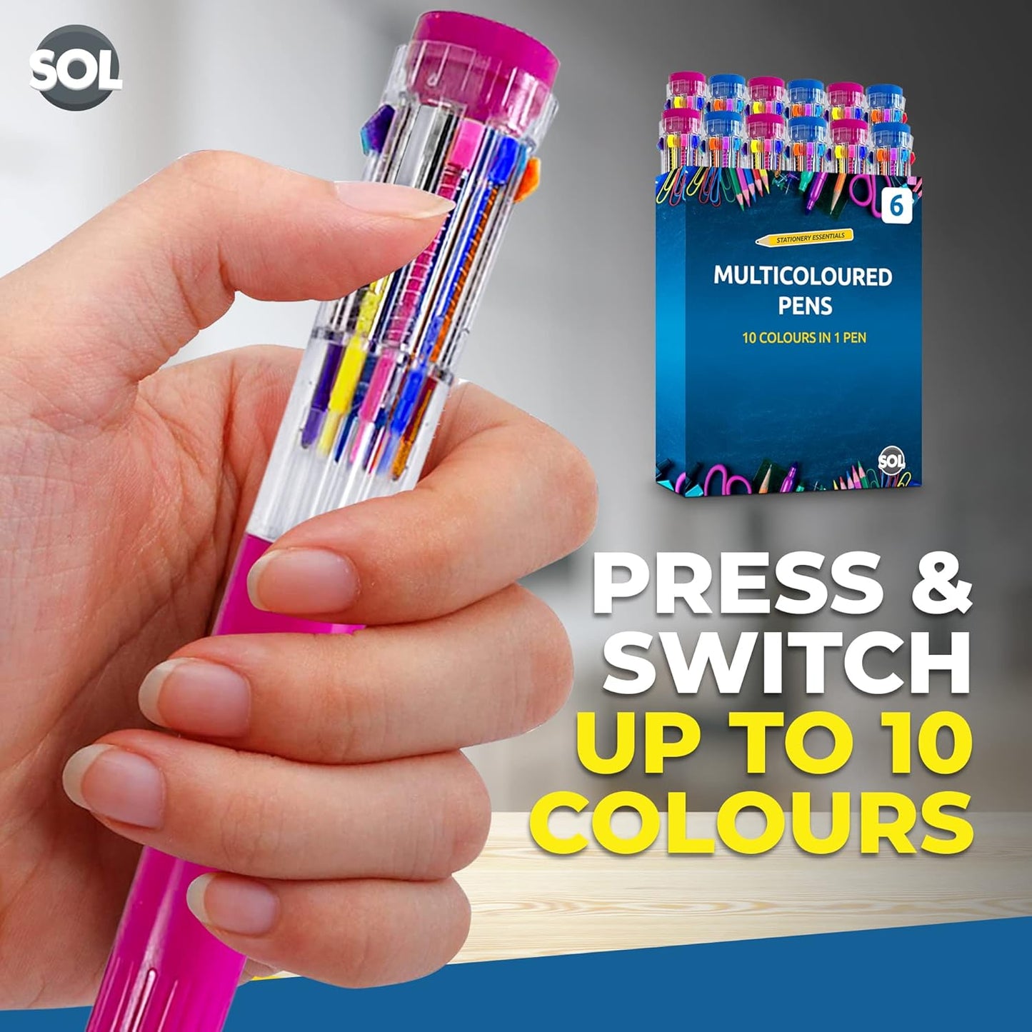 SOL 12pk Multicoloured Pens, 10-in-1 Retractable Multi Coloured Pens All in One, Vivid Ink Ballpoint Pens for School & Office, Switchable Biros Ideal for Writing, Drawing & Creative Projects