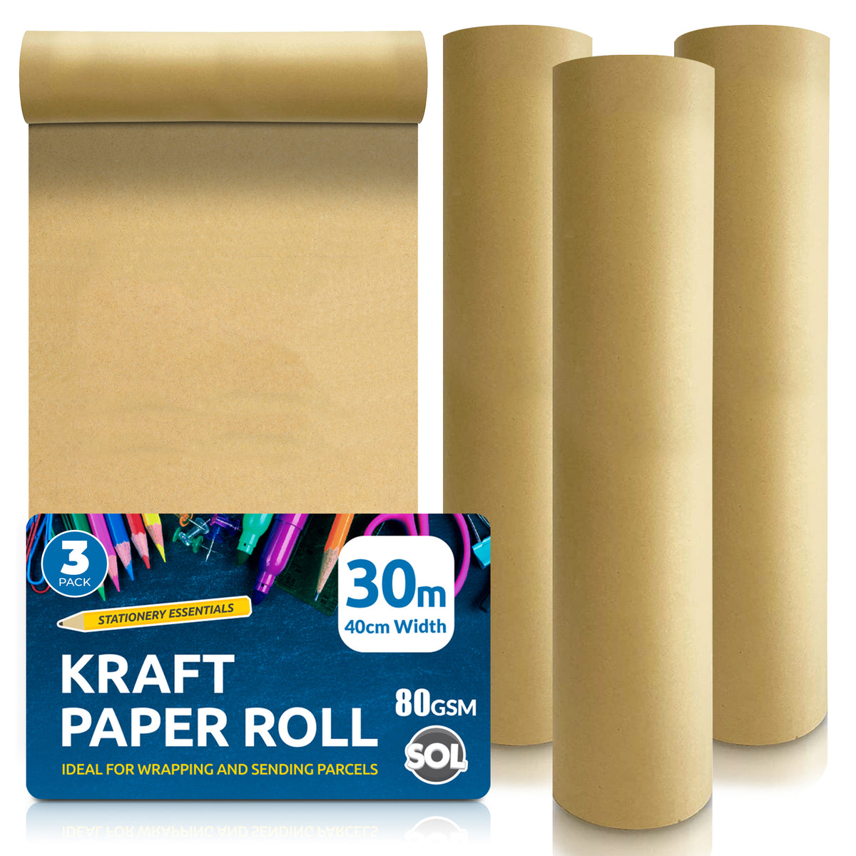 SOL 30m Brown Kraft Paper Roll 40cm Wide - 80gsm Strong Wrapping Paper