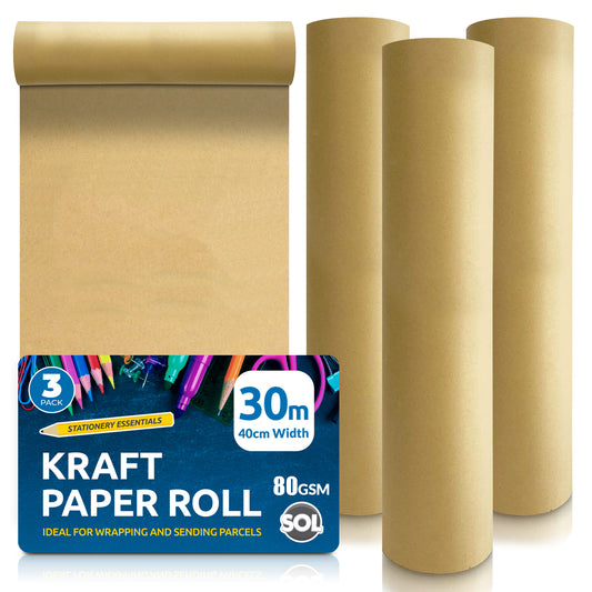 SOL 30m Brown Kraft Paper Roll 40cm Wide - 80gsm Strong Wrapping Paper