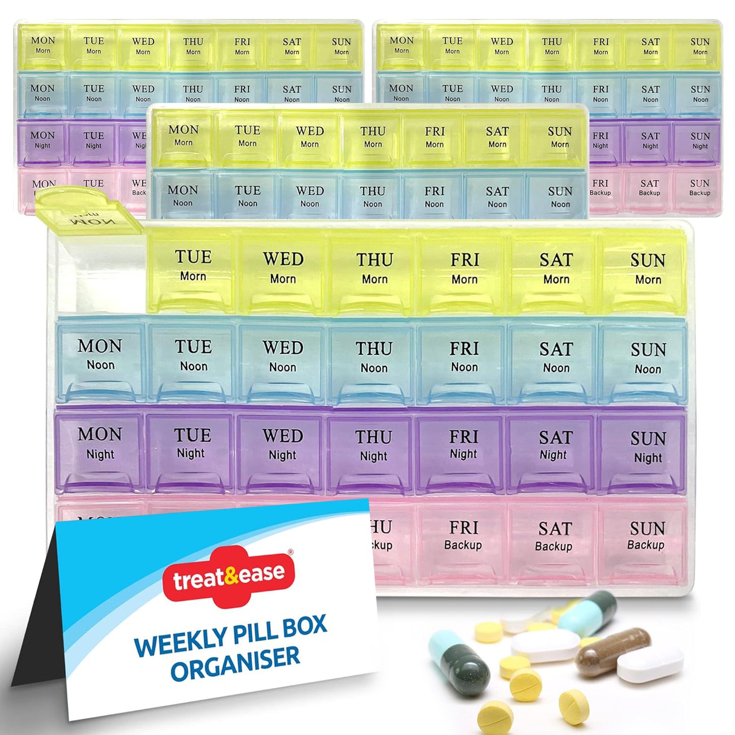 SOL 4pk Weekly Pill Box Organiser - 7 Day 4 Times a Day - Colourful Compartments, Large Storage for Medication, Easy-to-Lift Lids, Travel-Friendly, Ideal for Supplements and Daily Tablet Management