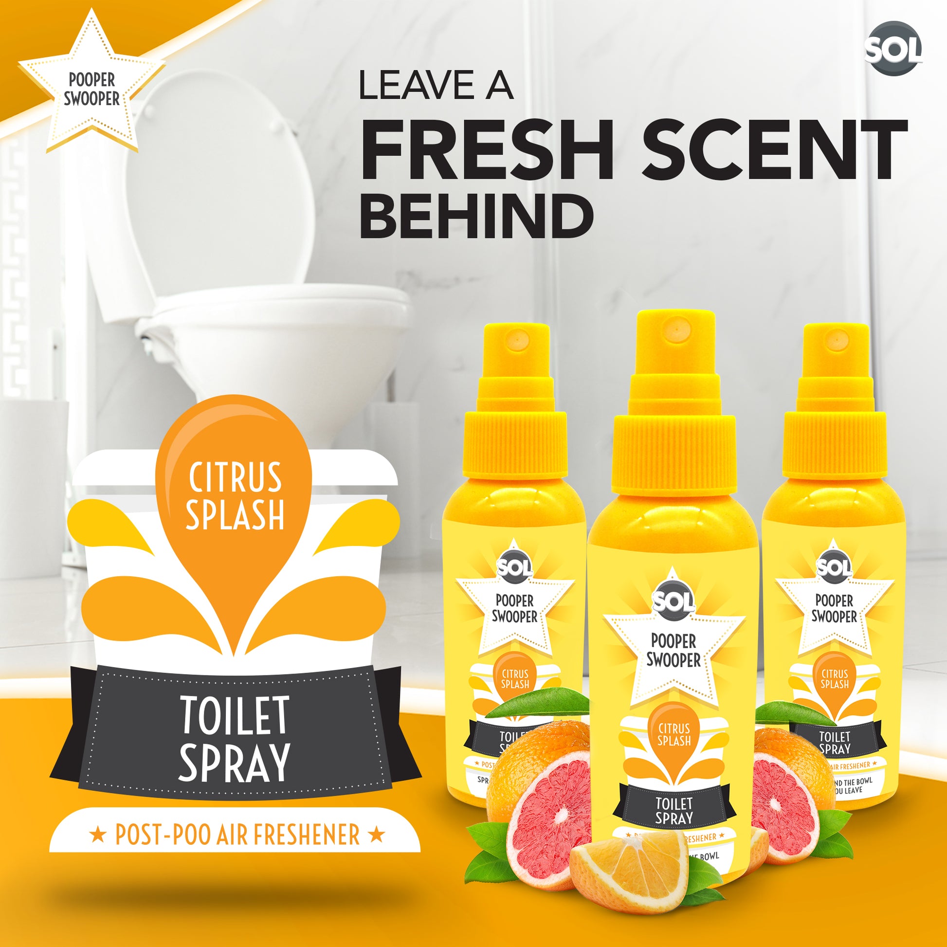 3 x 60ml Pooper Star Toilet Spray Air Freshener Bowl | Citrus Fragrance Perfume