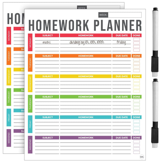2pk Magnetic Homework Study Planner A4 Weekly Daily Revision Tracker + Wipe Pens
