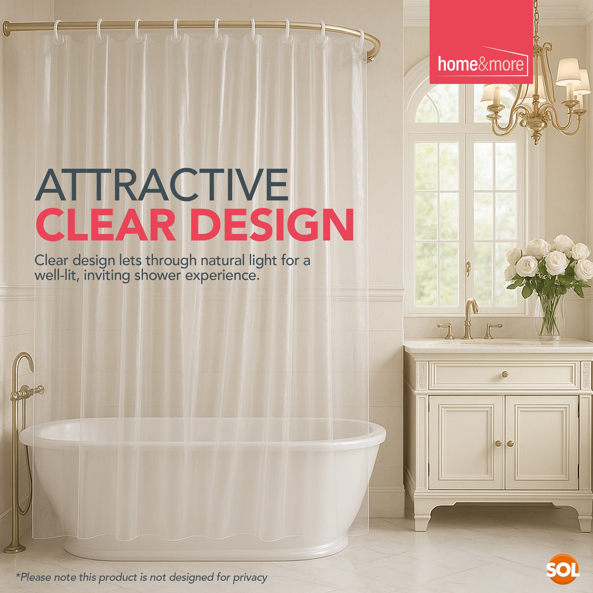 Shower Curtains Clear with Ring Hooks 180 x 180 cm Bathroom Waterproof Polyester