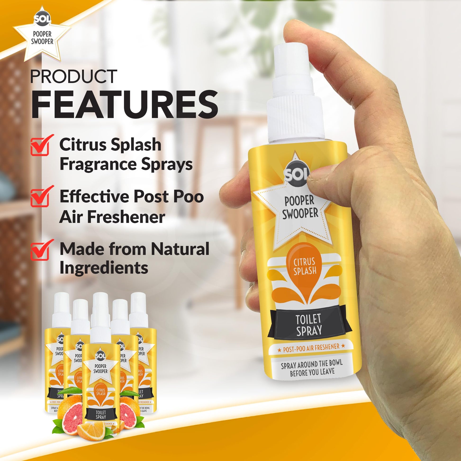 6 x 60ml Pooper Star Toilet Spray Air Freshener Bowl | Citrus Fragrance Perfume