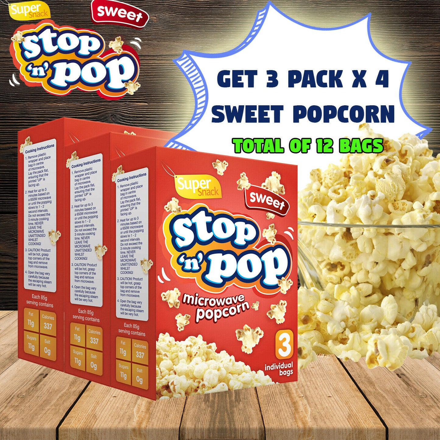 12pk x 85g Microwave Popcorn | Sweet & Butter Flavour Movie Cinema Theatre Party