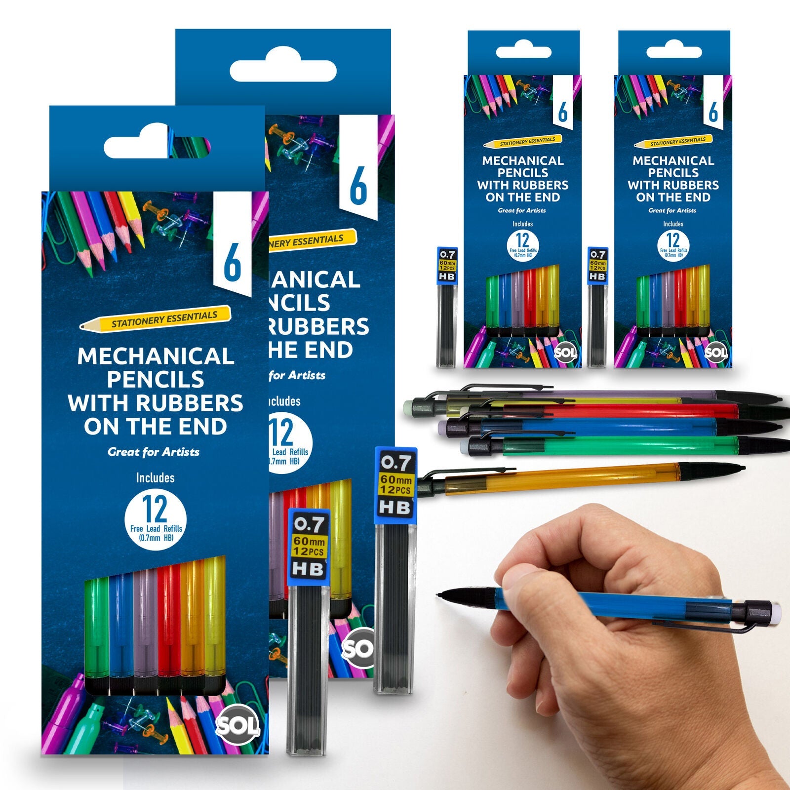 Mechanical Pencils Set 0.7mm with HB Lead Refills and Erasers | 6 Pack