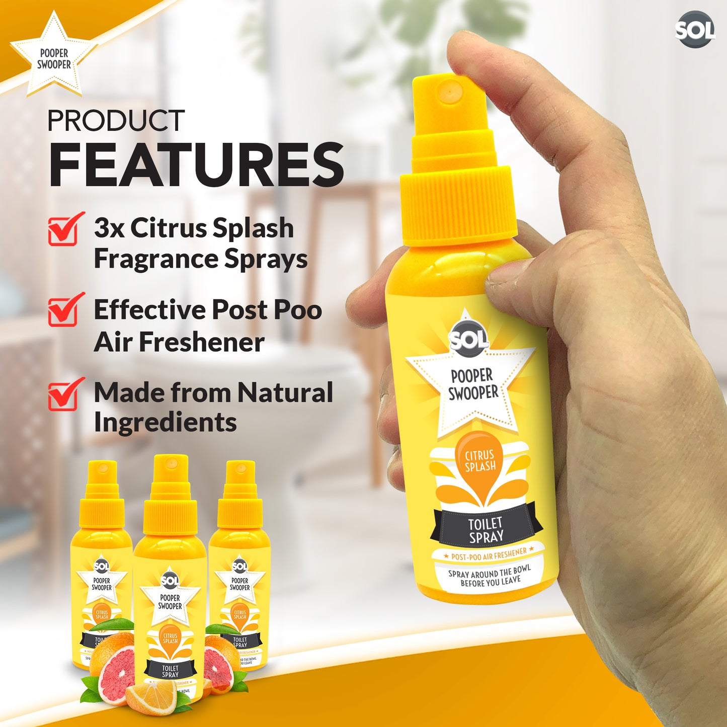 3 x 60ml Pooper Star Toilet Spray Air Freshener Bowl | Citrus Fragrance Perfume